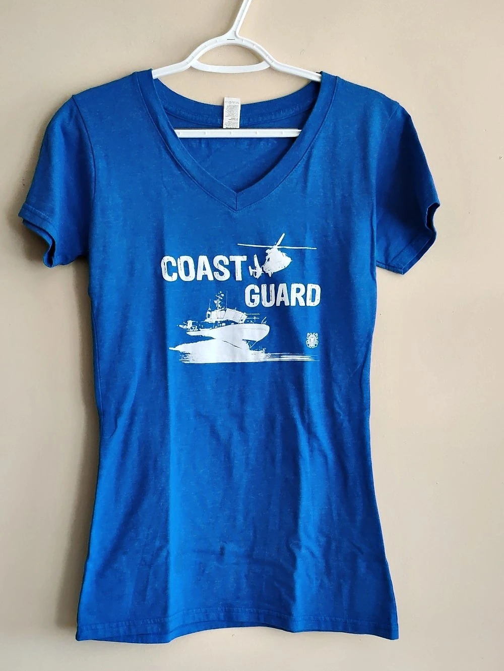Bayside US Women's Coast Guard Graphic V-Neck T-Shirt Tee Blue Large